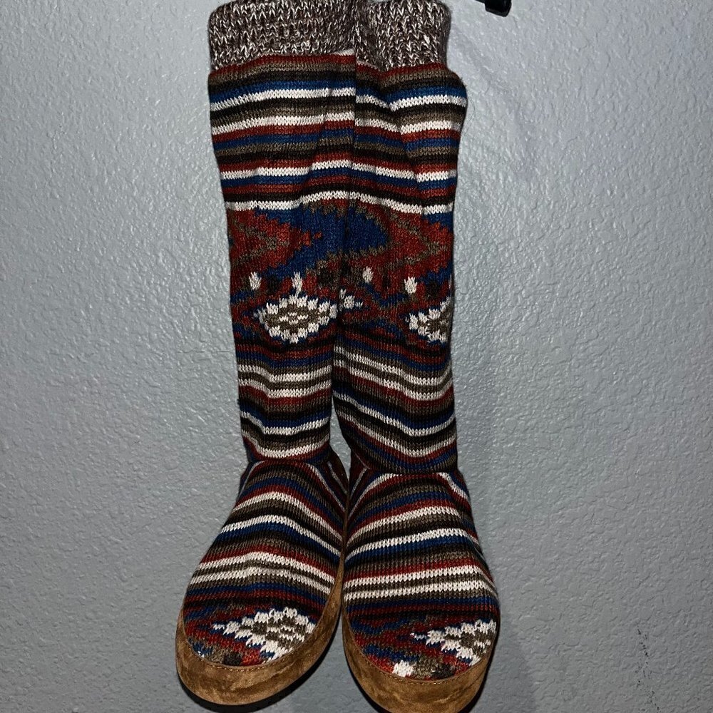 MUK LUKS Southwestern Style Knit Knee High Moccasins with Outdoor Soles NWOT - M